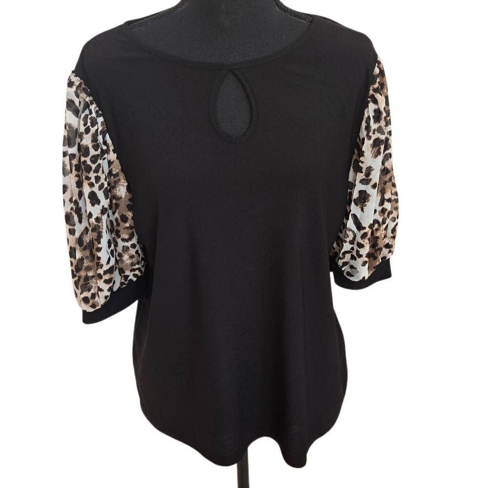 A Love Story Womens Keyhole Semi-sheer Leopard Puff Sleeves Blouse Black Large